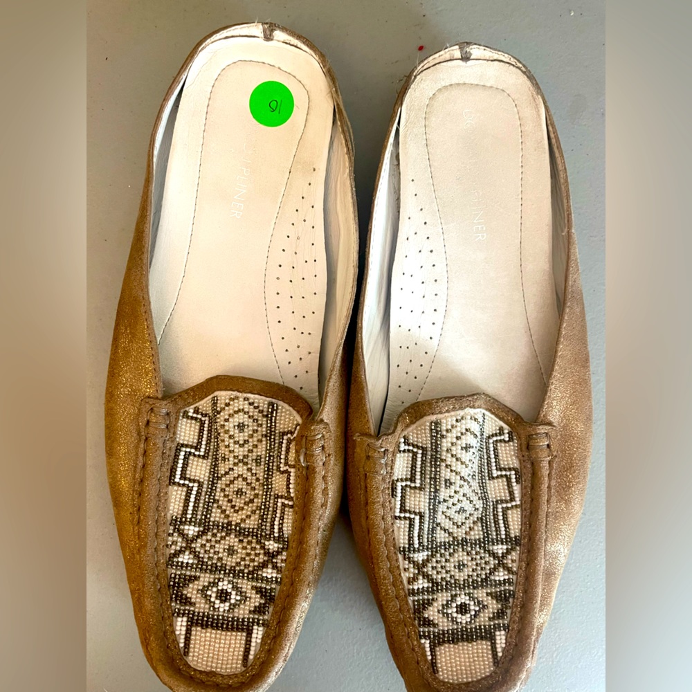 Donald J Pliner Shoes Womens 10 N Vevi Beaded Moc Flats Slip On Clogs Mules Tan